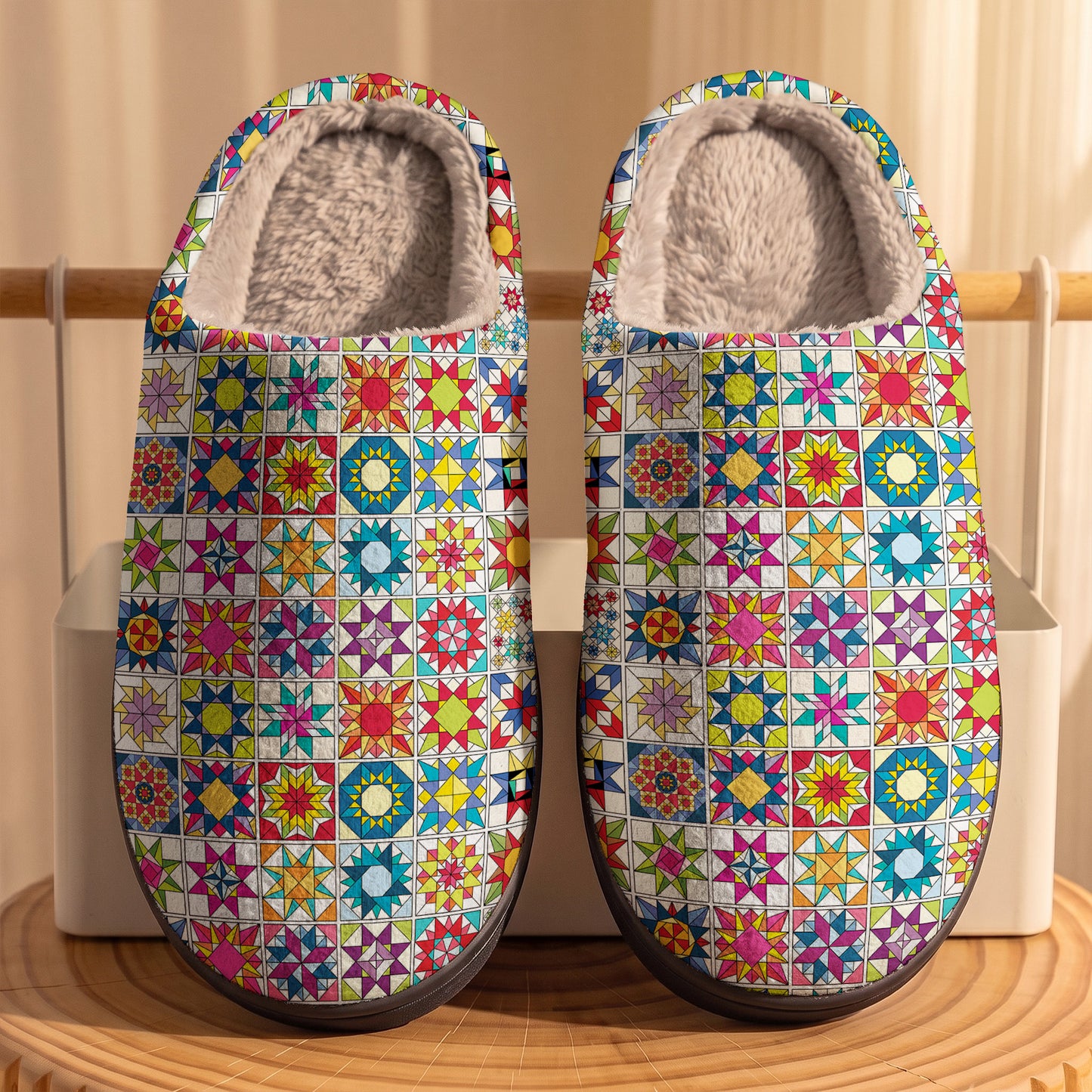 Sewing Lover Fleece Lined Slippers Colorful Star Quilt Blocks