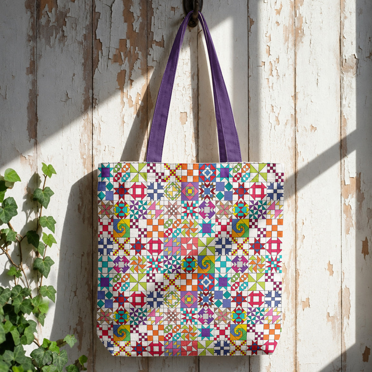 Sewing Lover Canvas Tote Bag Colorful Quilt Blocks