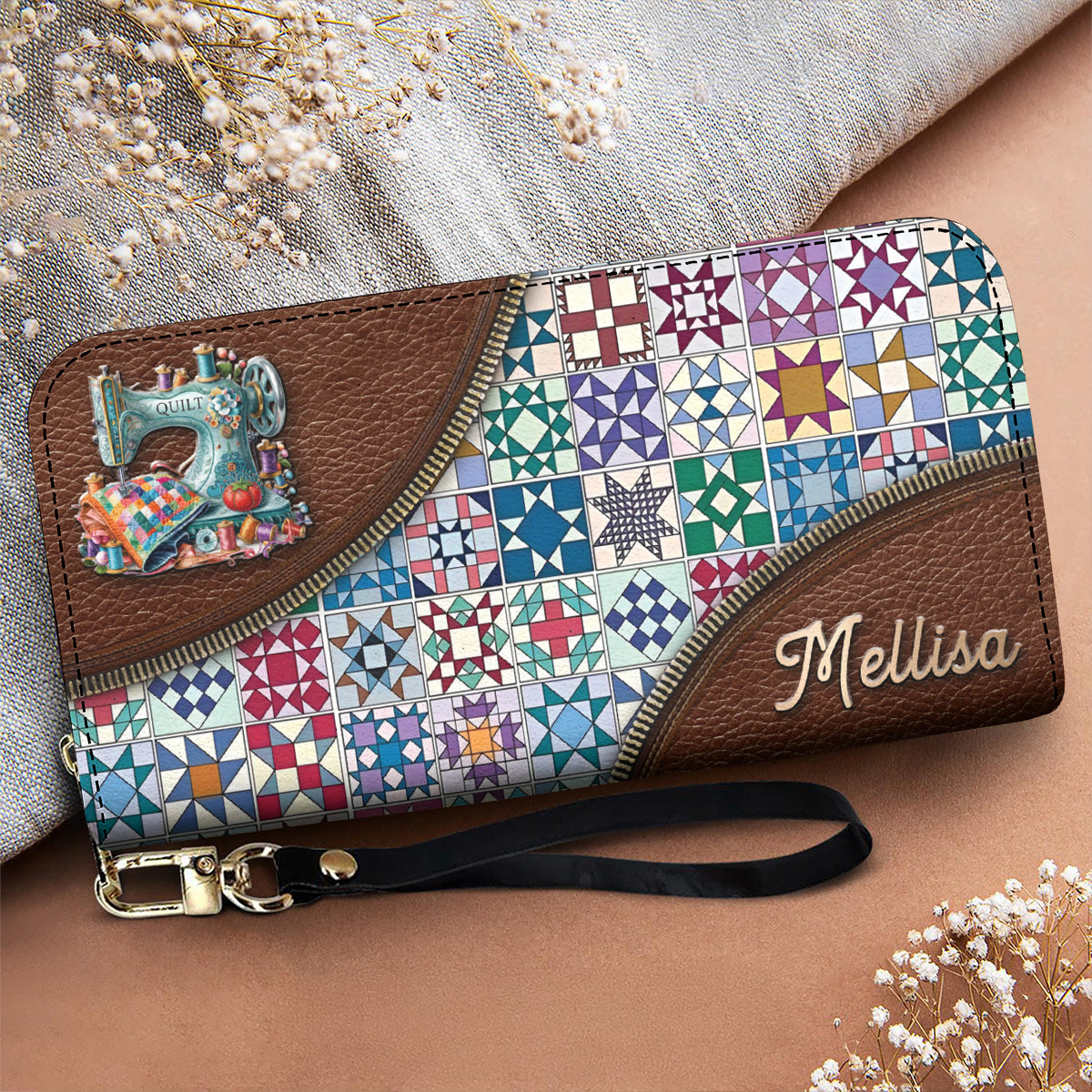 Sewing Lover Leather Wallet Personalized Traditional Quilt Blocks