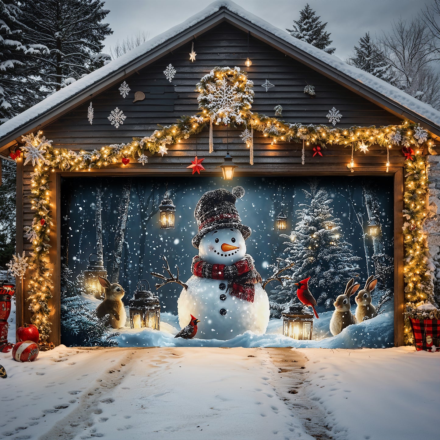 Christmas Garage Door Banner Decoration - Snowman and Forest Companions in a Lantern Lit Winter Scene