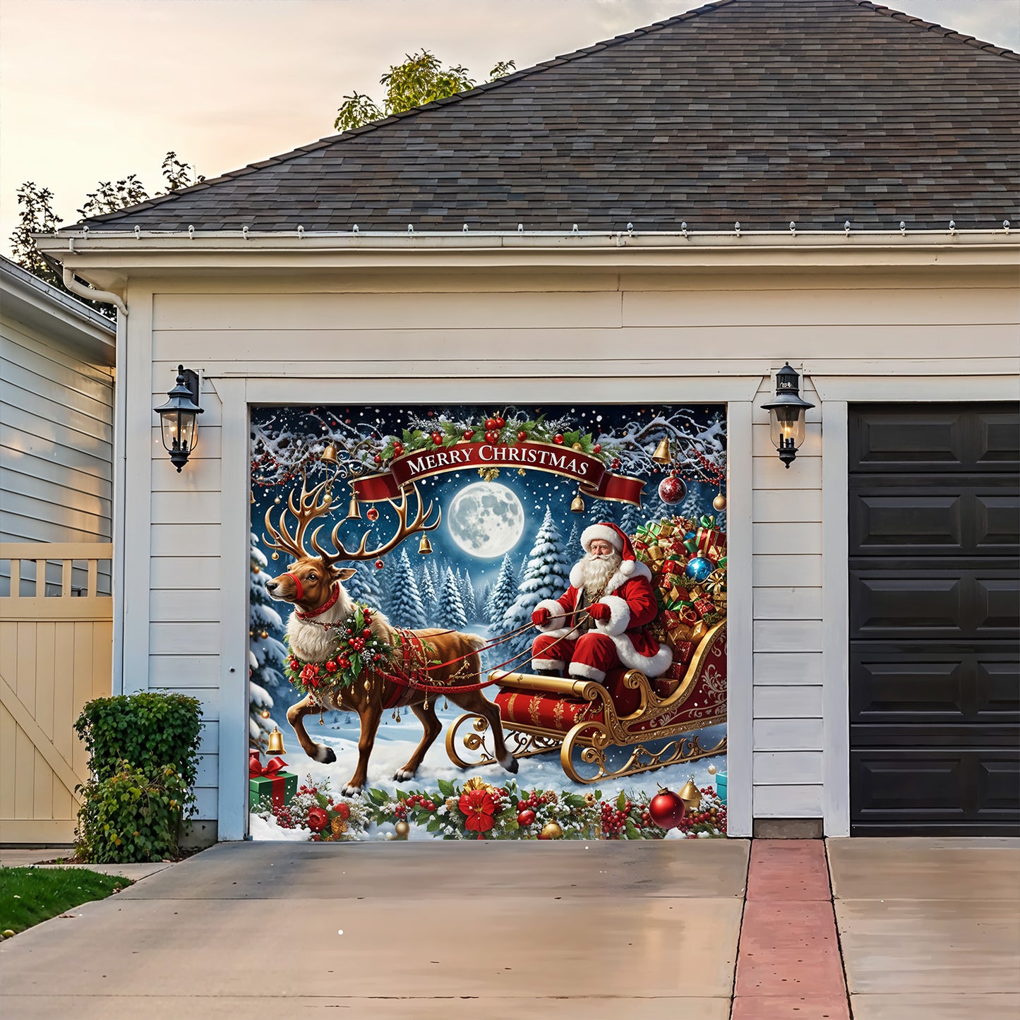 Christmas Garage Door Banner Decoration - Santa’s Sleigh Ride Spreading Cheer on a Winter’s Eve