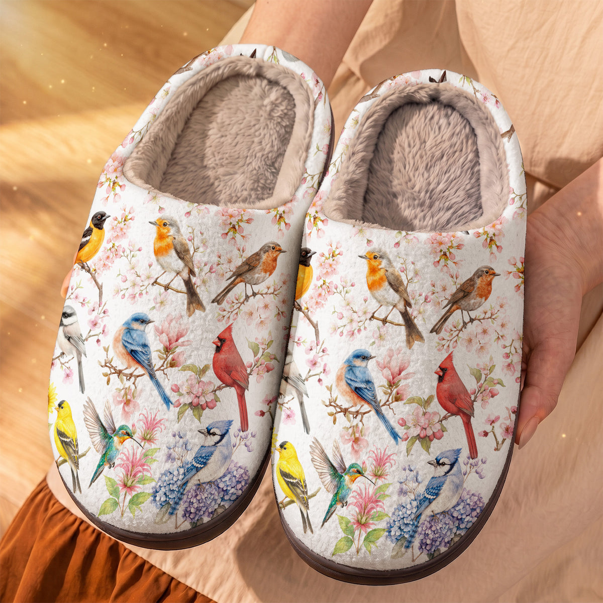 Birds Fleece Lined Slippers Blossom Garden
