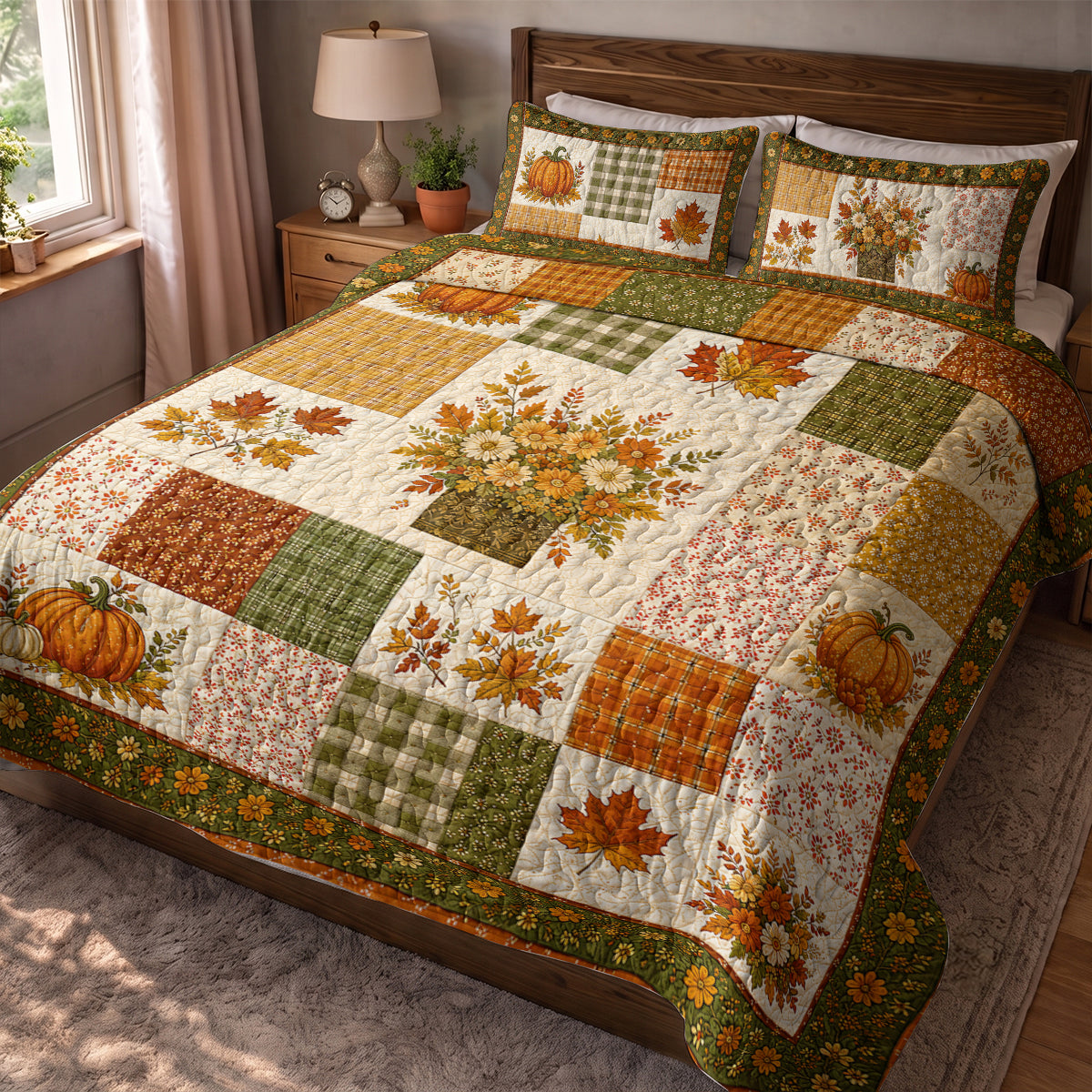Autumn Harvest Bouquet Patchwork Quilted Blanket