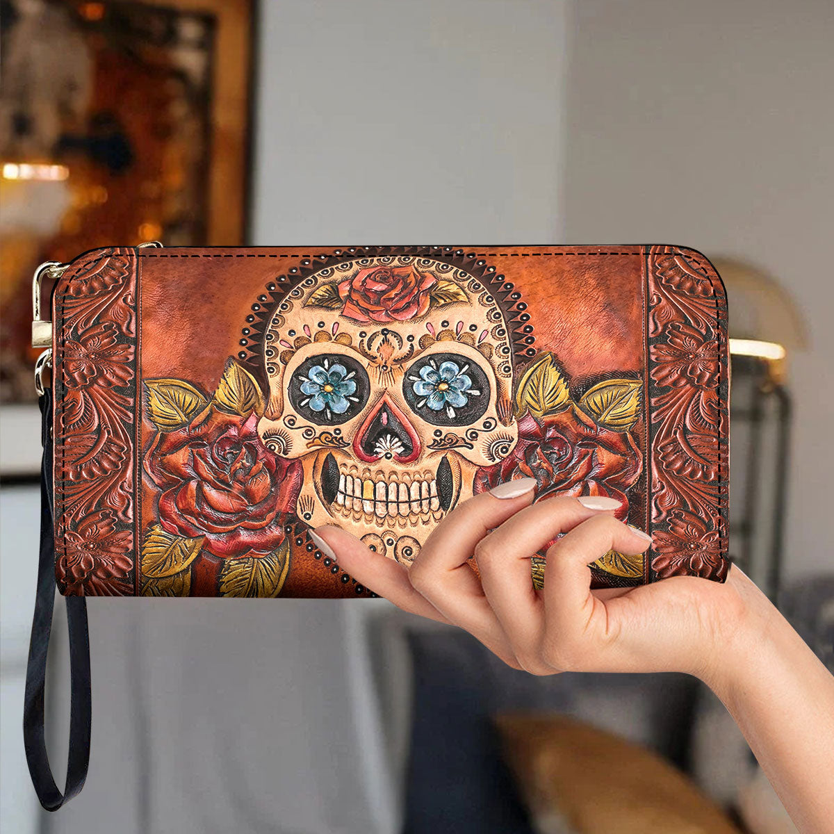 Sugar Skull Leather Wallet Rosebound Skull