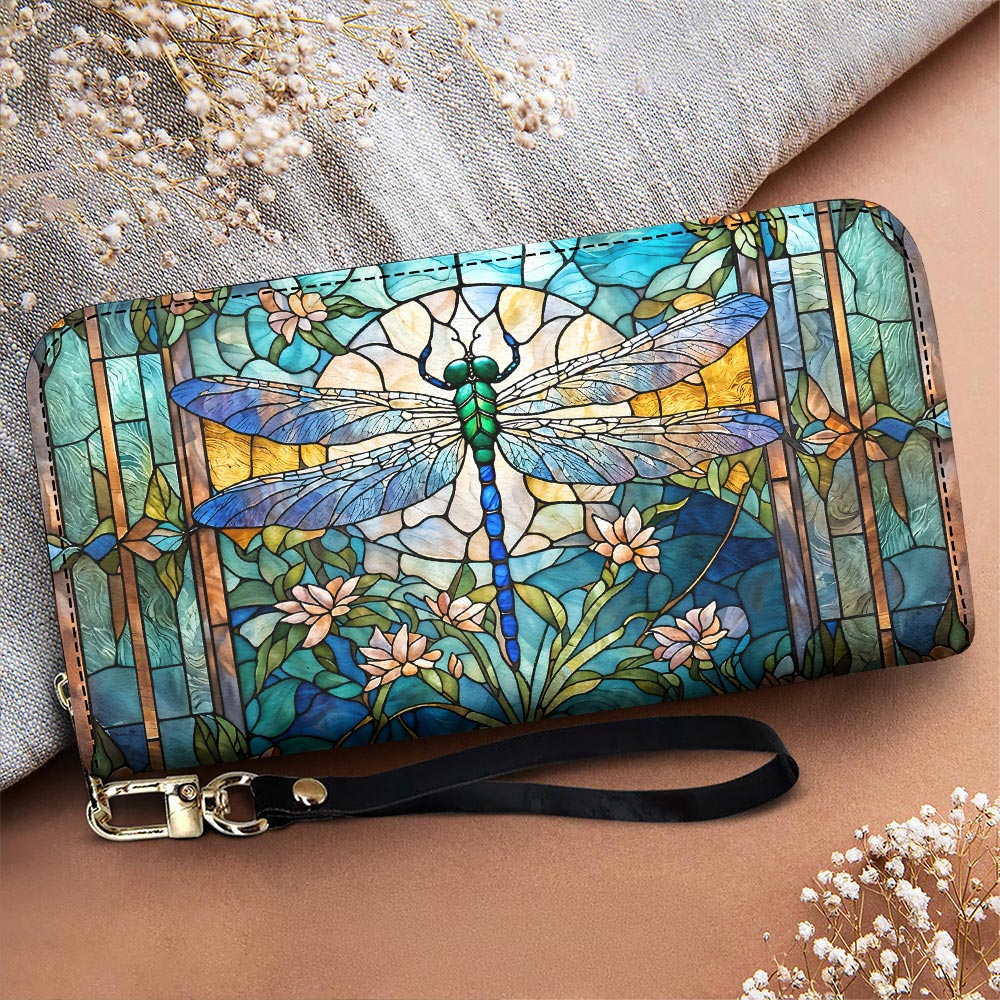 Dragonfly Leather Wallet Dragonfly Grace In Stained Glass