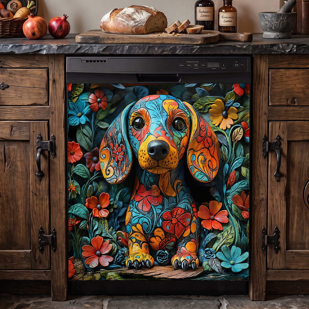 Dachshund Magnetic Dishwasher Cover Whimsical Dachshund Garden