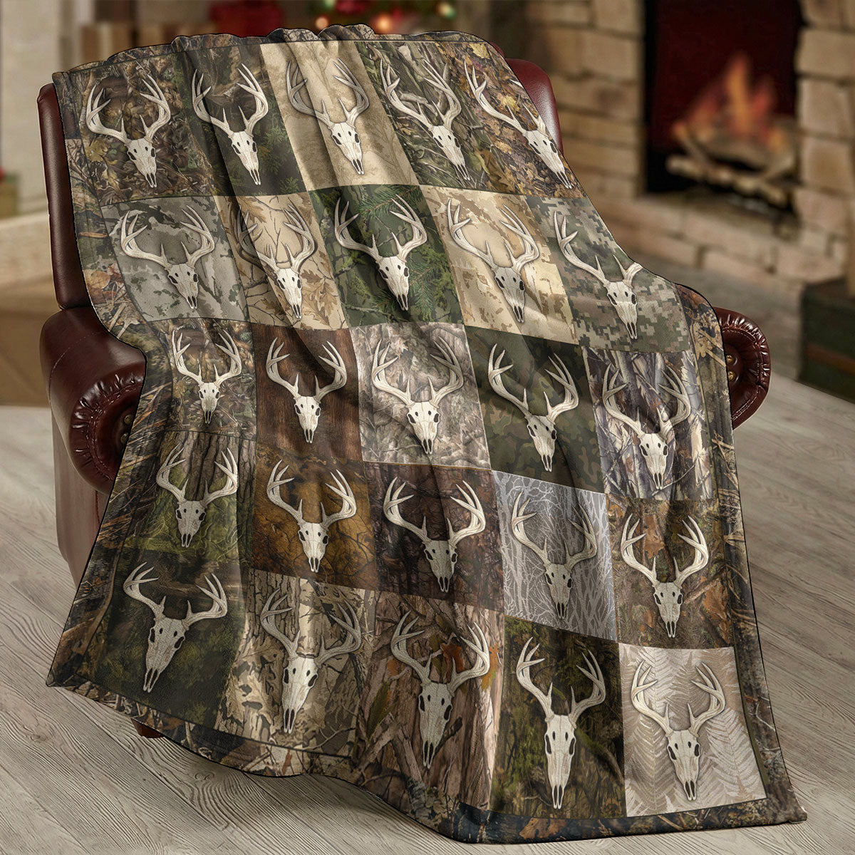 Deer Hunting Fleece Blanket Whitetail Patchwork Lodge