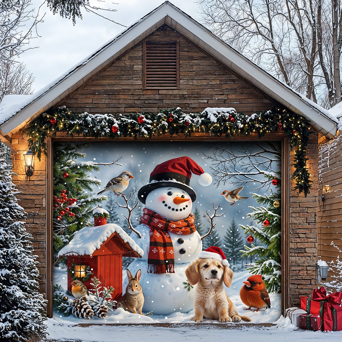 Christmas Garage Door Banner Decoration - Happy Snowman’s Woodland Companions