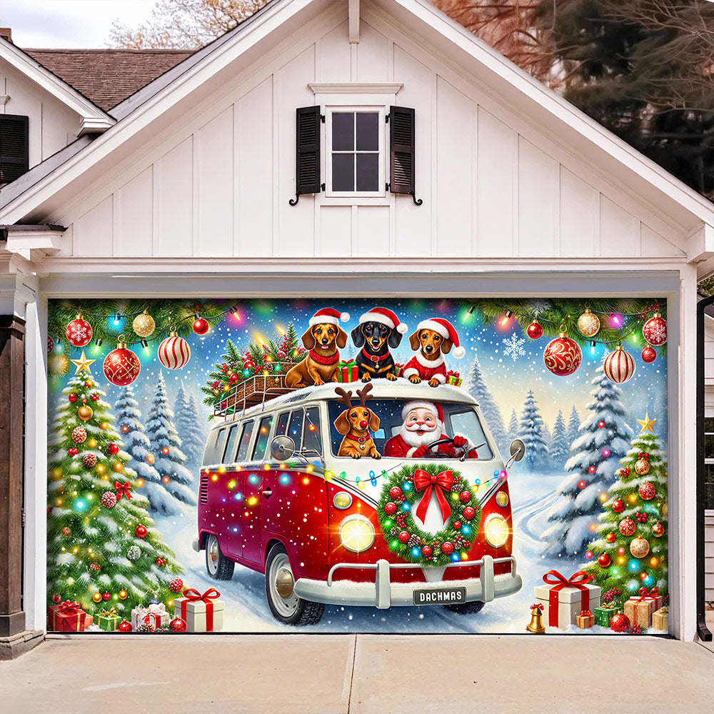 Christmas Garage Door Banner Decoration - Santa's Dachshund Christmas Road Trip