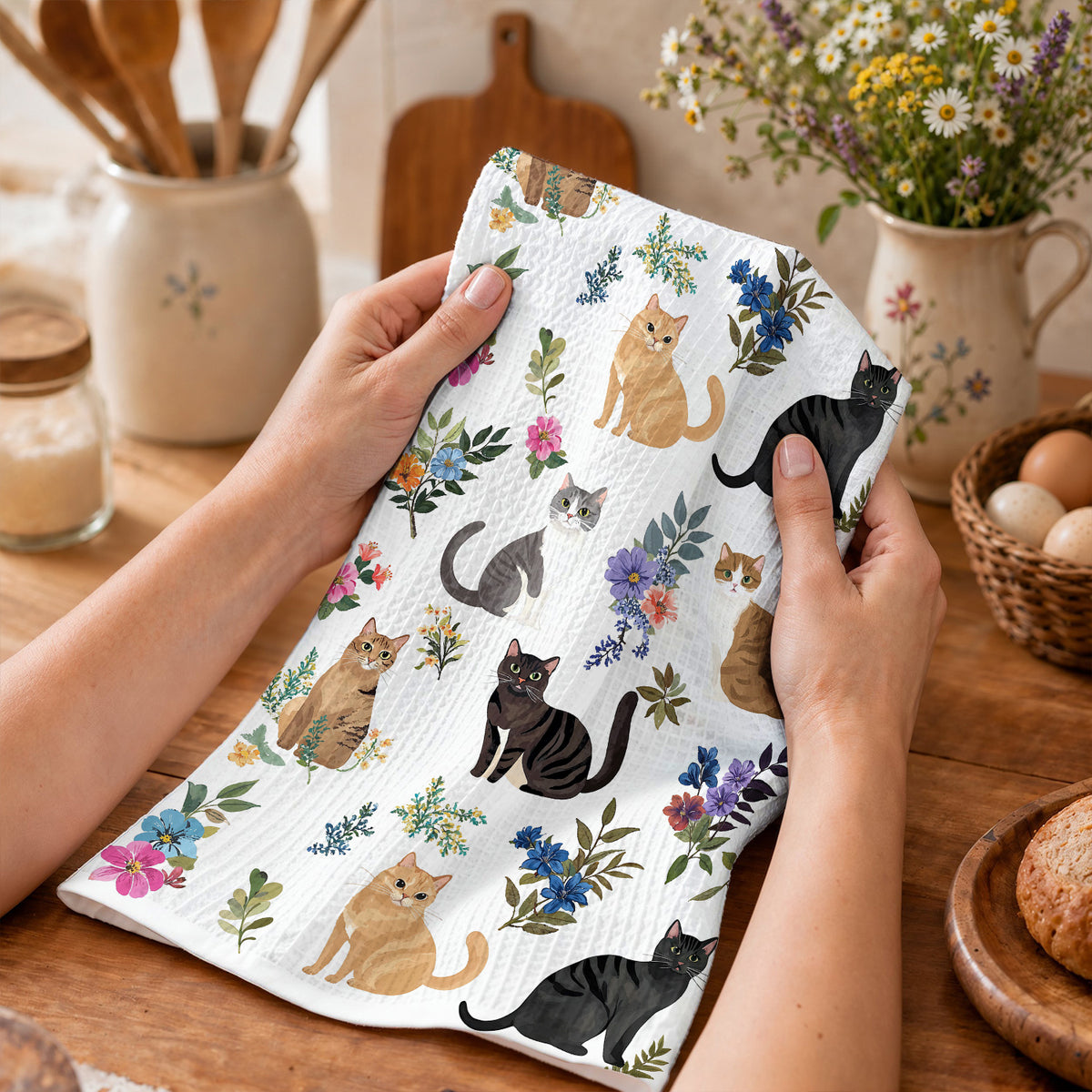 Cat Kitchen Towel Cute Floral Cats