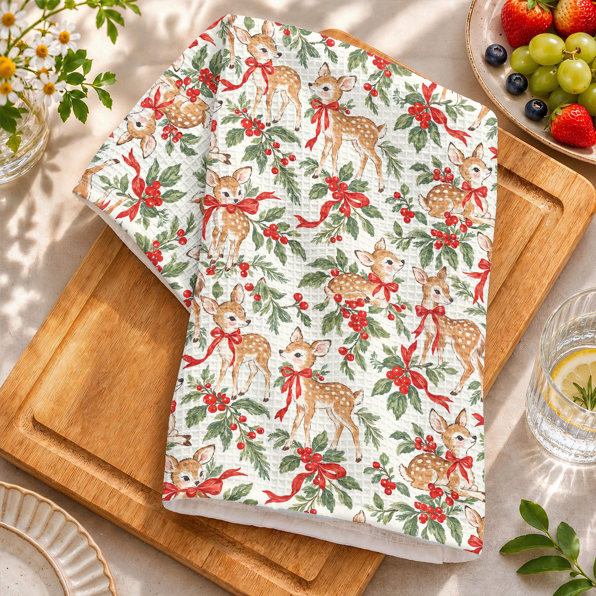 Christmas Kitchen Towel Holly Jolly Fawns