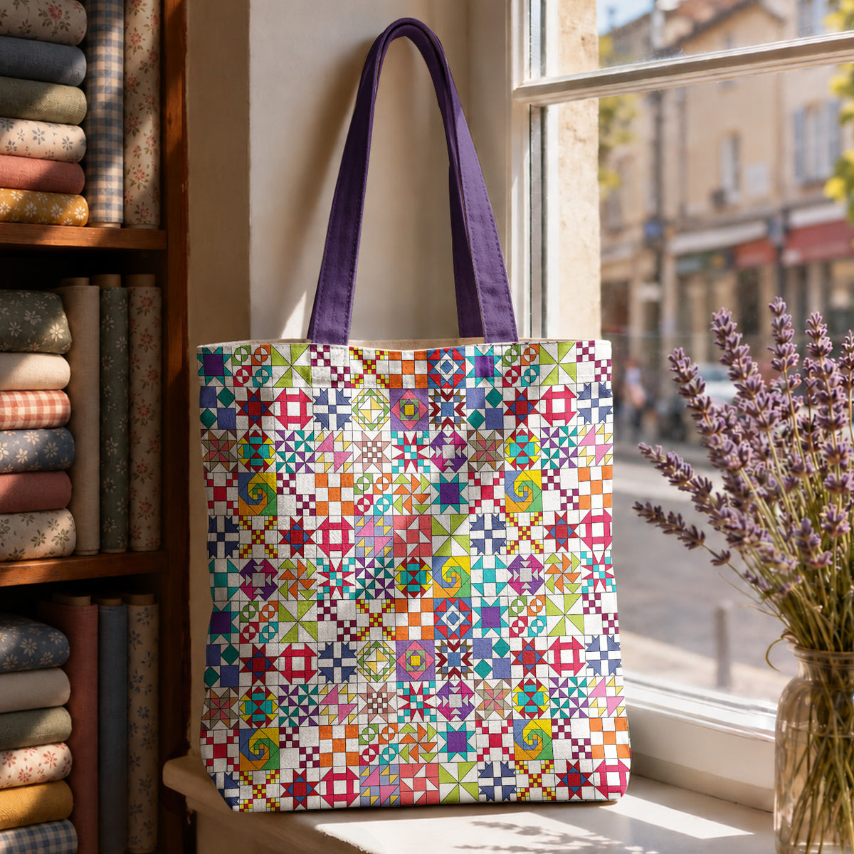 Sewing Lover Canvas Tote Bag Colorful Quilt Blocks