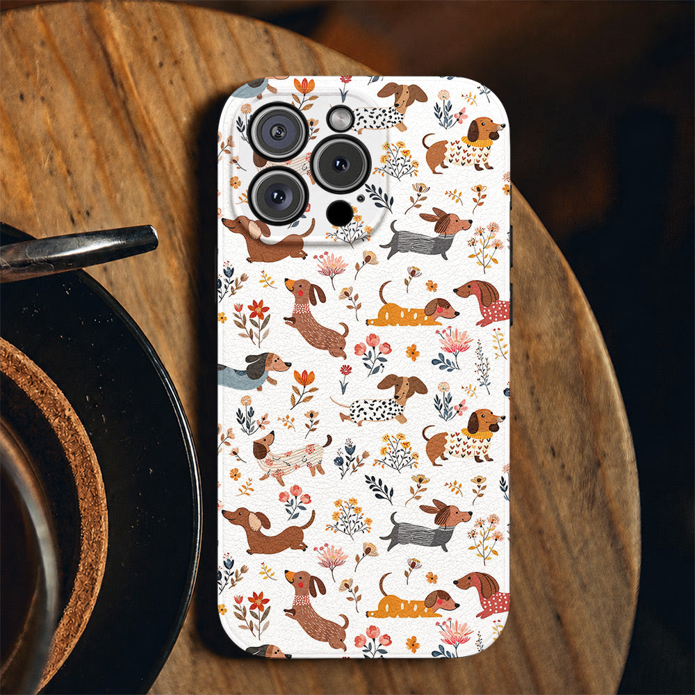 Dachshund Leather Phone Case Happy Field Flowers