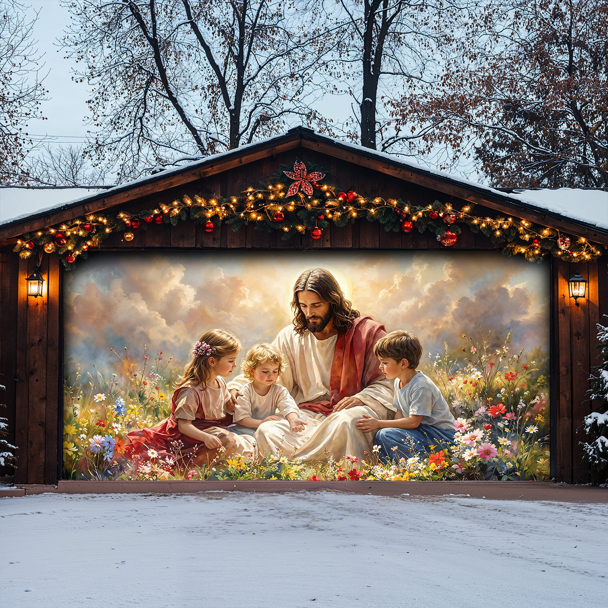God Garage Door Banner Decoration - Jesus and the Little Ones In the Wildflower Meadow