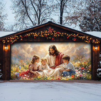 God Garage Door Banner Decoration - Jesus and the Little Ones In the Wildflower Meadow
