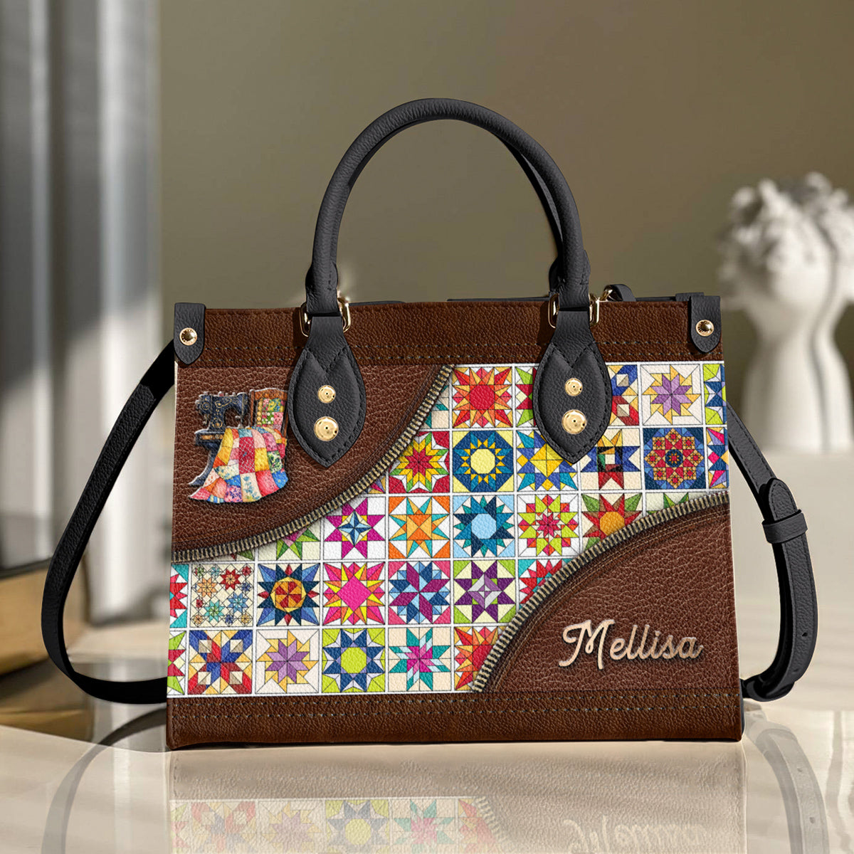 Sewing Lover Leather Handbag Personalized Colorful Quilt Blocks