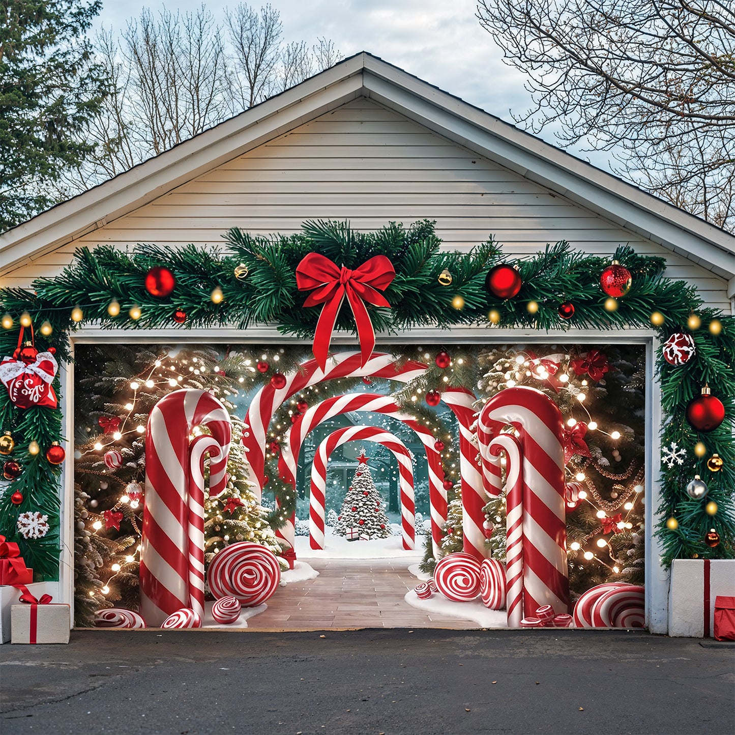 Christmas Garage Door Banner Decoration - Giant Canes on Christmas Lane