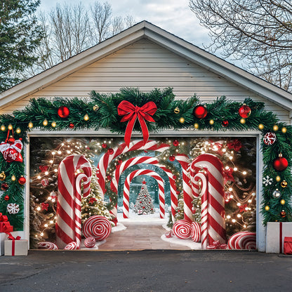 Christmas Garage Door Banner Decoration - Giant Canes on Christmas Lane