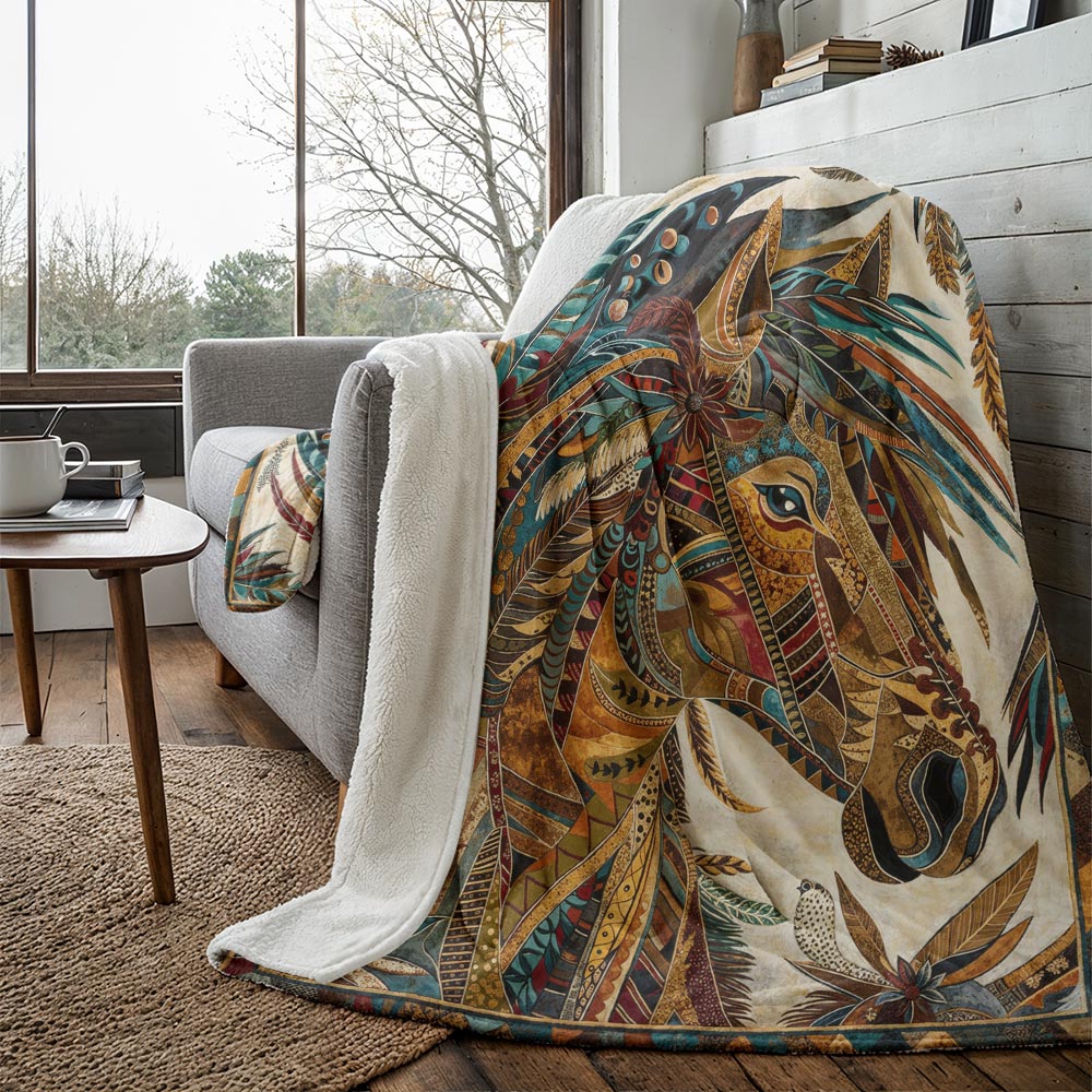 Boho Western Horse Fleece Blanket Harvest Wind Horse