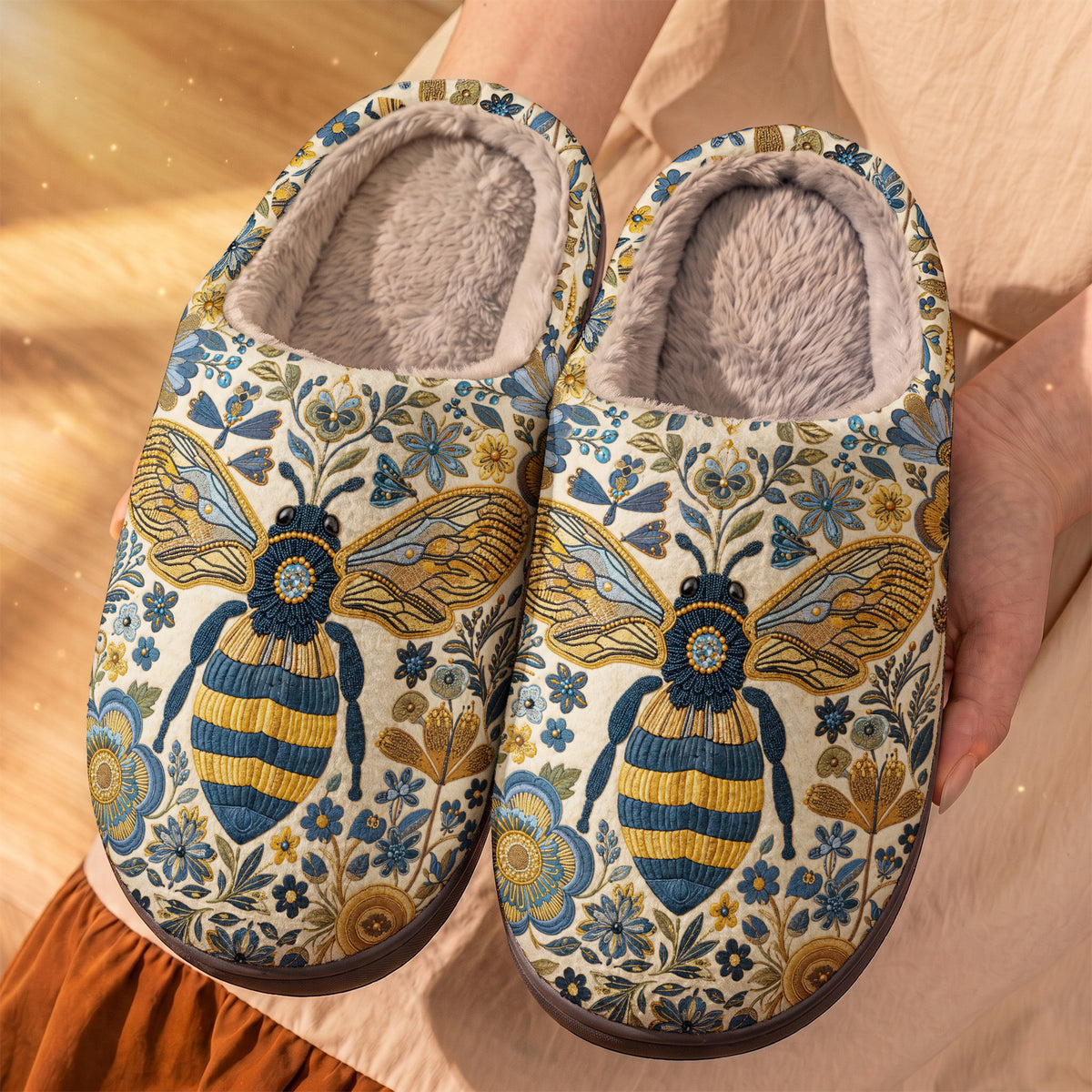 Bee Fleece Lined Slippers Golden Bee In Blue Blooms