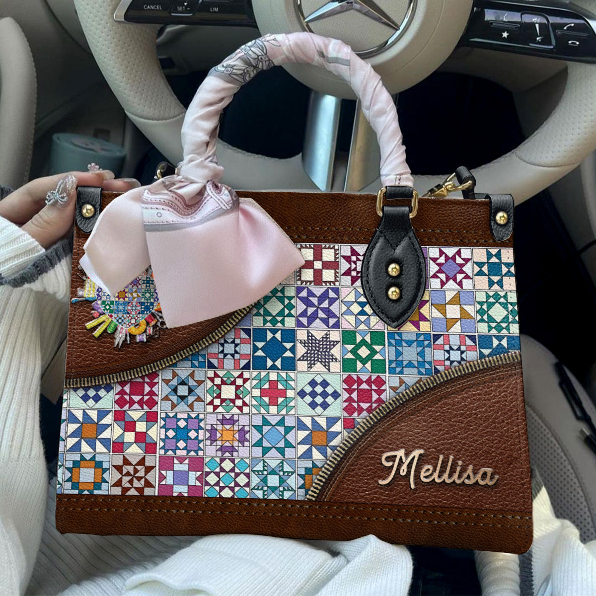Sewing Lover Leather Handbag Personalized Traditional Quilt Blocks