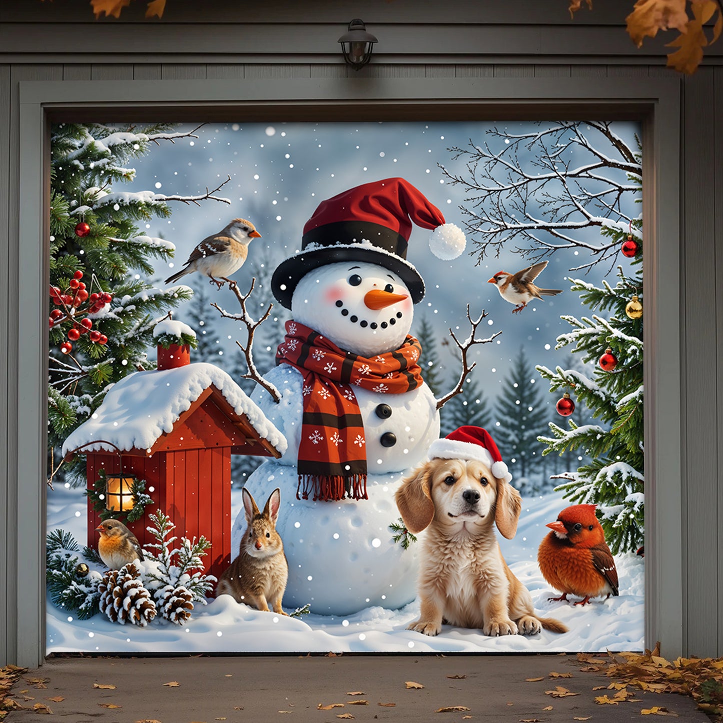 Christmas Garage Door Banner Decoration - Happy Snowman’s Woodland Companions