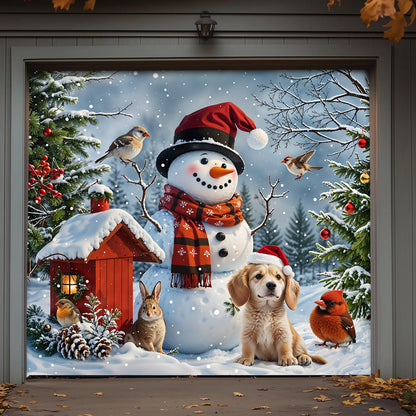 Christmas Garage Door Banner Decoration - Happy Snowman’s Woodland Companions