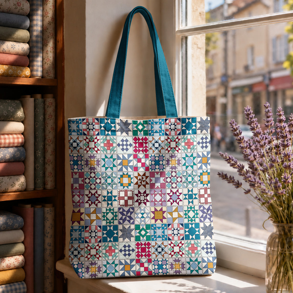 Sewing Lover Canvas Tote Bag Traditional Quilt Blocks
