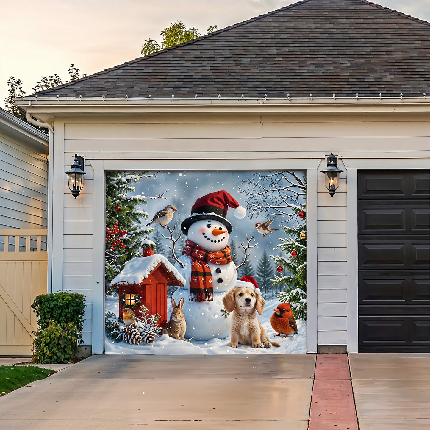 Christmas Garage Door Banner Decoration - Happy Snowman’s Woodland Companions
