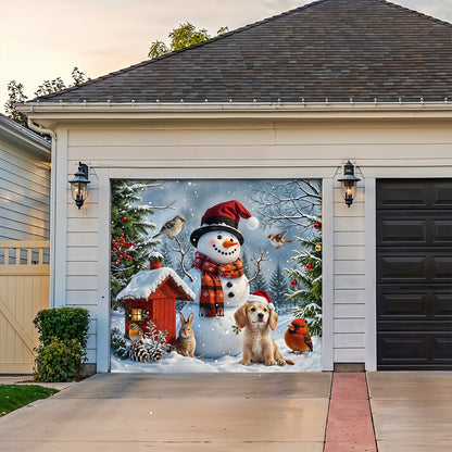 Christmas Garage Door Banner Decoration - Happy Snowman’s Woodland Companions