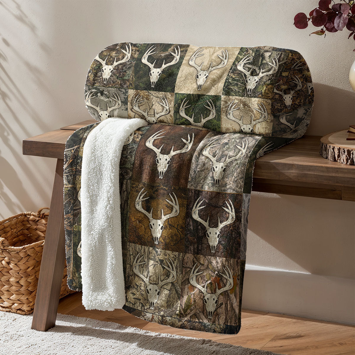 Deer Hunting Fleece Blanket Whitetail Patchwork Lodge