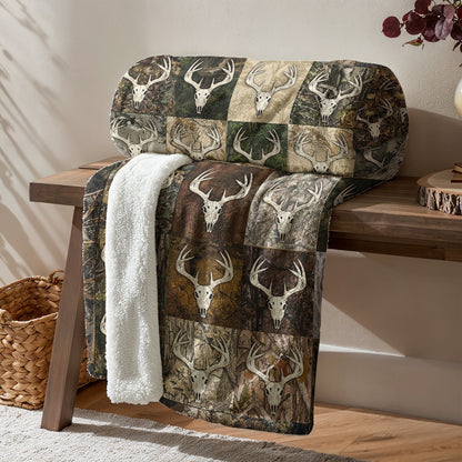 Deer Hunting Fleece Blanket Whitetail Patchwork Lodge