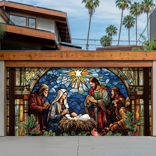 God Garage Door Banner Decoration - The Holy Night in Stained Glass