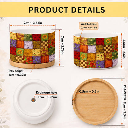 Autumn Quilt Blooms Ceramic Plant Pot with Bamboo Tray