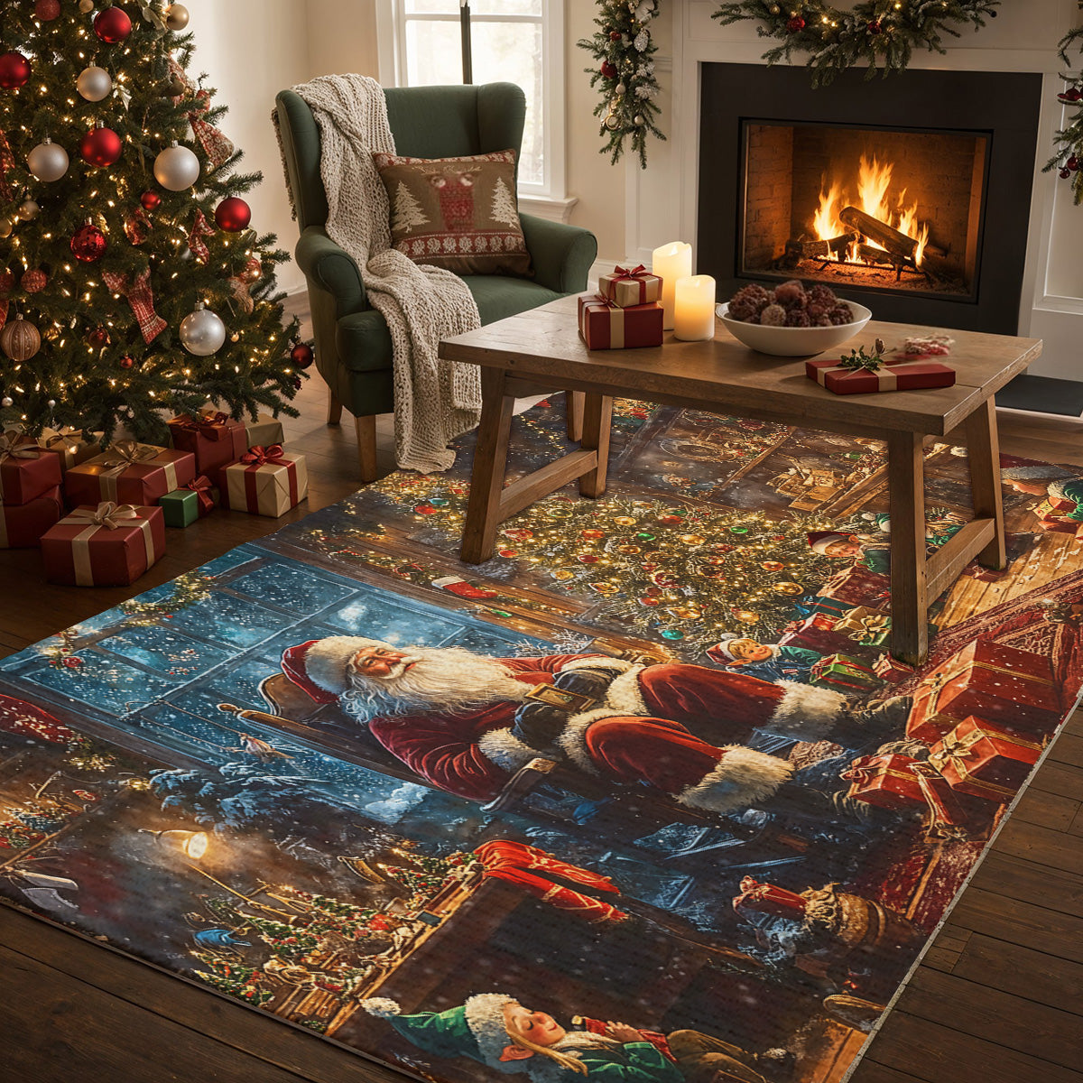 Christmas Area Rug Santa’s Cozy Workshop A Magical Christmas Eve with Elves and Gifts