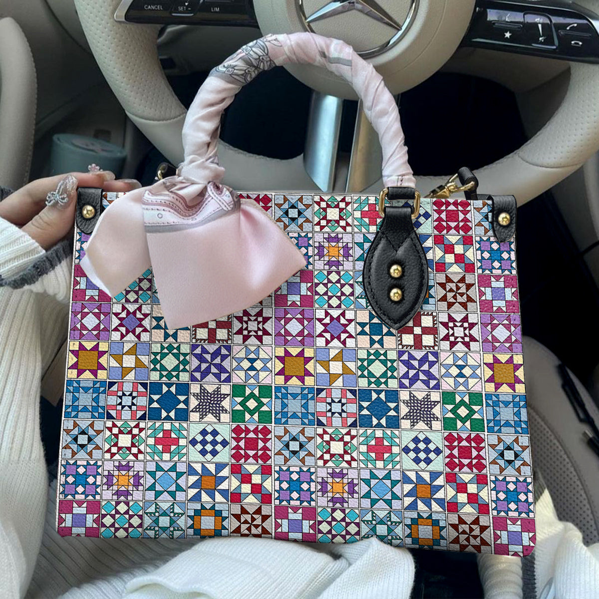 Sewing Lover Leather Handbag Traditional Quilt Blocks