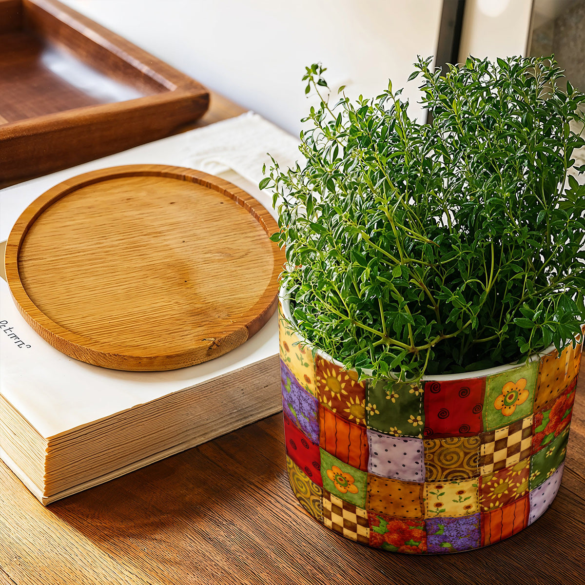 Autumn Quilt Blooms Ceramic Plant Pot with Bamboo Tray