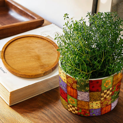 Autumn Quilt Blooms Ceramic Plant Pot with Bamboo Tray