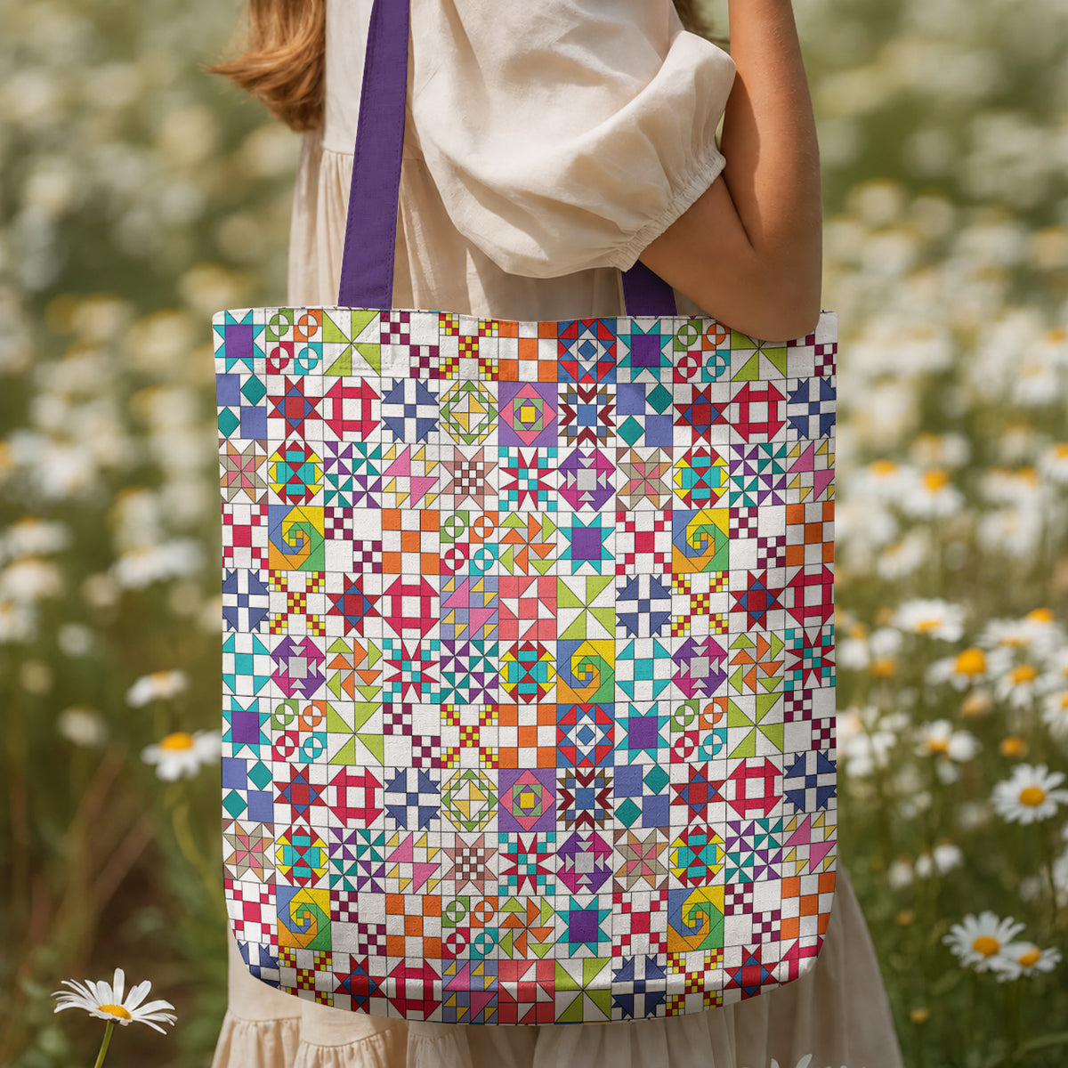 Sewing Lover Canvas Tote Bag Colorful Quilt Blocks