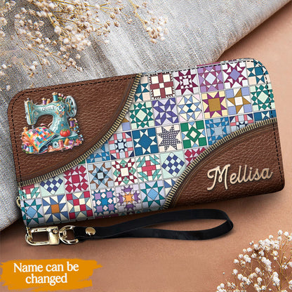 Sewing Lover Leather Wallet Personalized Traditional Quilt Blocks