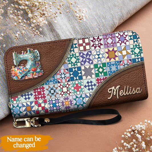 Sewing Lover Leather Wallet Personalized Traditional Quilt Blocks