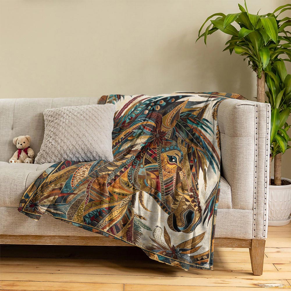 Boho Western Horse Fleece Blanket Harvest Wind Horse