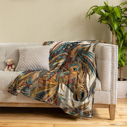Boho Western Horse Fleece Blanket Harvest Wind Horse