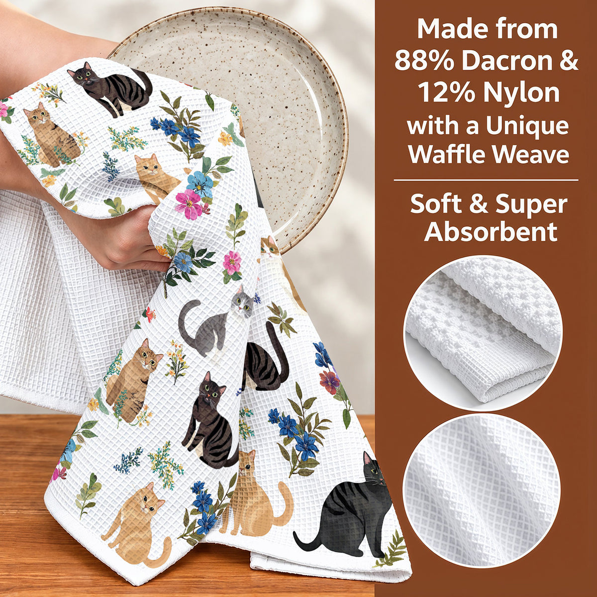 Cat Kitchen Towel Cute Floral Cats