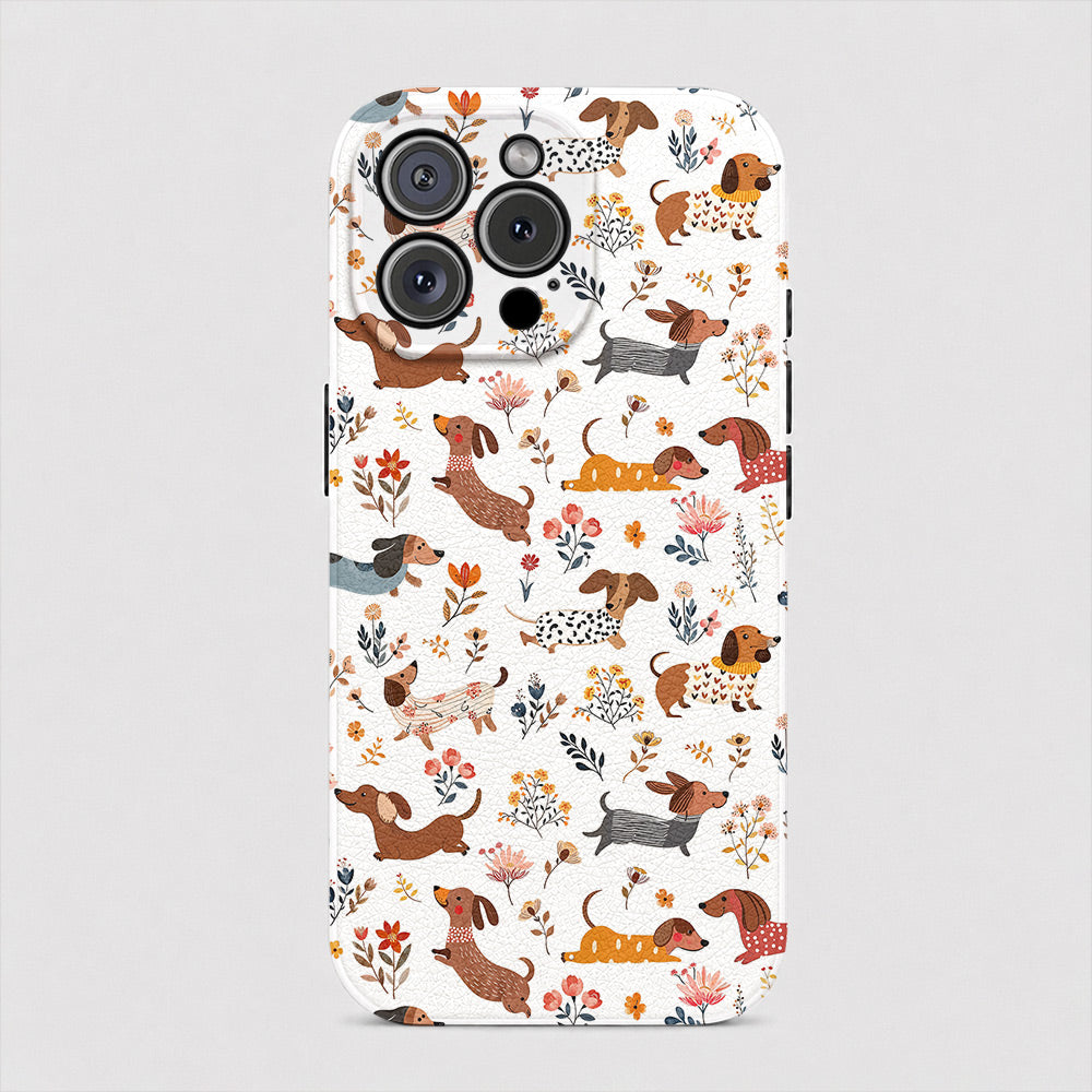 Dachshund Leather Phone Case Happy Field Flowers