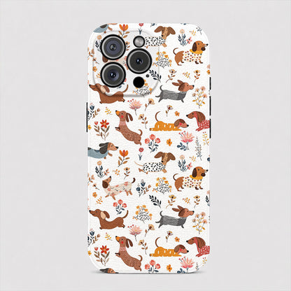 Dachshund Leather Phone Case Happy Field Flowers