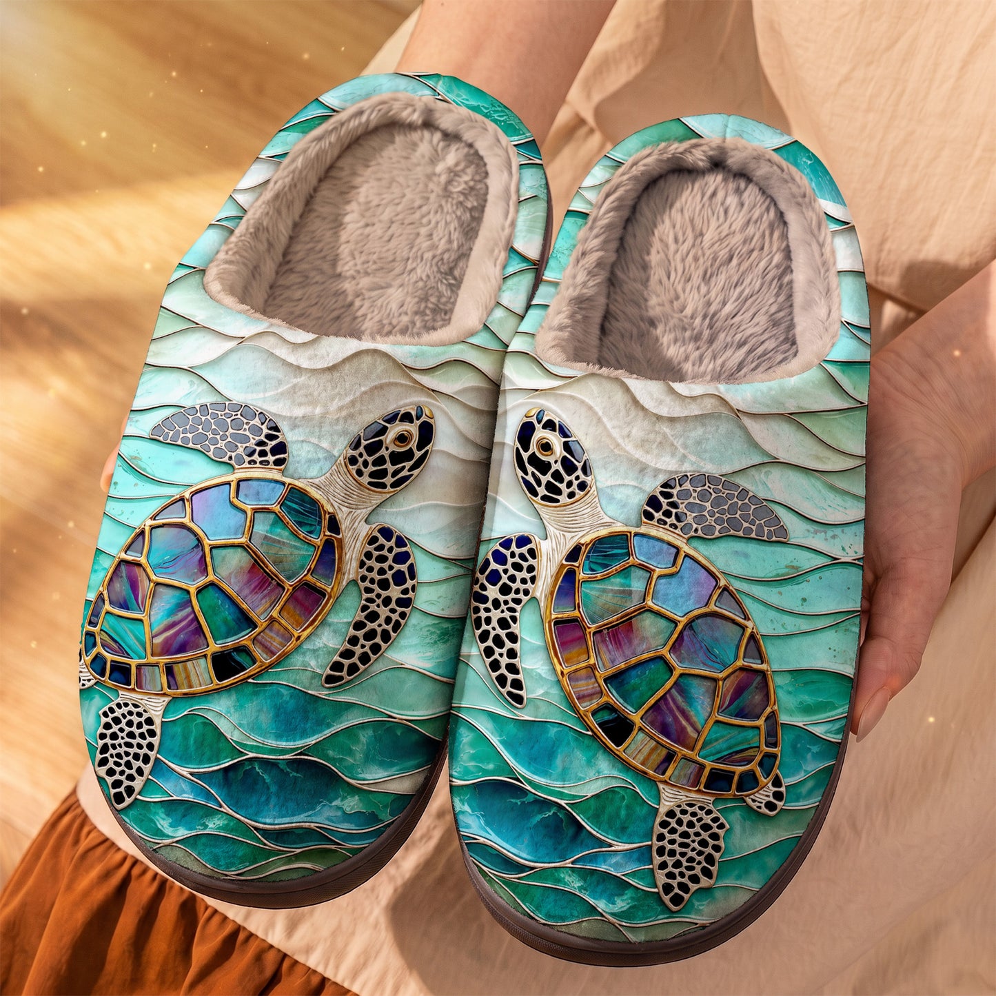 Sea Turtle Fleece Lined Slippers Iridescent Sea Turtle In Turquoise Tides