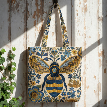Bee Canvas Tote Bag Golden Bee in Blue Blooms