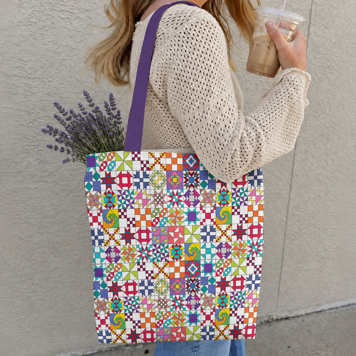 Sewing Lover Canvas Tote Bag Colorful Quilt Blocks