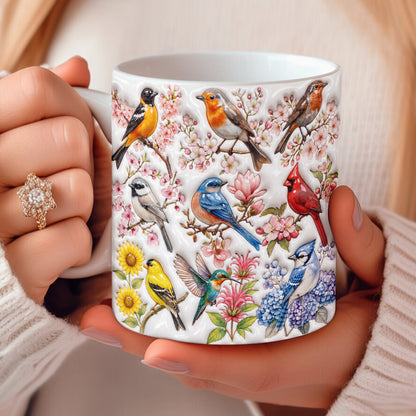 Bird Lovers Ceramic Mug Puffy Spring Birds Blossom Garden